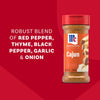 A bottle of Mccormick Perfect Pinch Cajun Seasoning Ground 5 Oz is displayed against a red background alongside text highlighting its robust blend of red pepper, thyme, black pepper, garlic, and onion.