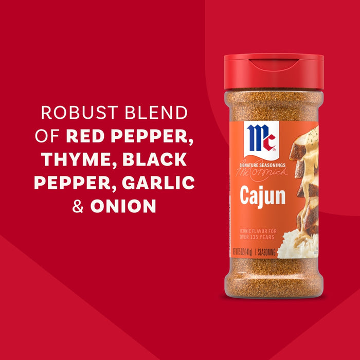 A bottle of Mccormick Perfect Pinch Cajun Seasoning Ground 5 Oz is displayed against a red background alongside text highlighting its robust blend of red pepper, thyme, black pepper, garlic, and onion.