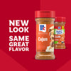 A promotional graphic showcasing the updated packaging for Mccormick Perfect Pinch Cajun Seasoning Ground 5 Oz alongside the previous bottle design against a vibrant red background with the text New Look Same Great Flavor.