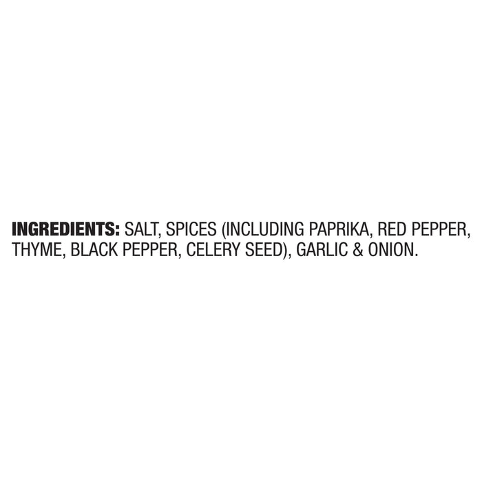 The ingredient list for Mccormick Perfect Pinch Cajun Seasoning Ground 5 Oz includes salt, spices such as paprika, red pepper, thyme, black pepper, and celery seed, along with garlic and onion.