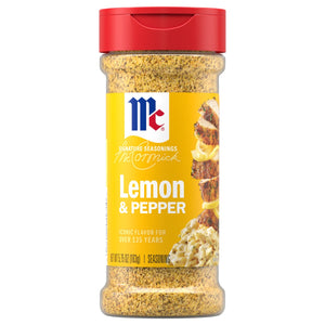 A clear plastic bottle of Mccormick Perfect Pinch Lemon Pepper Seasoning Ground 5.75 Oz is shown with a red cap and a yellow label featuring a serving suggestion of seasoned chicken.
