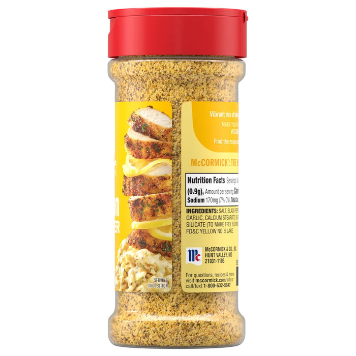 A clear plastic bottle of Mccormick Perfect Pinch Lemon Pepper Seasoning Ground 5.75 Oz is shown with its red cap and yellow label that displays nutrition facts and a serving suggestion of seasoned chicken with lemon.
