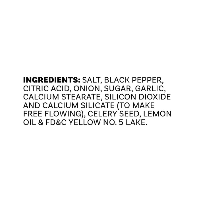 A list of ingredients for Mccormick Signature Seasoning Lemon Pepper Oz including salt, black pepper, citric acid, onion, sugar, garlic, and lemon oil.