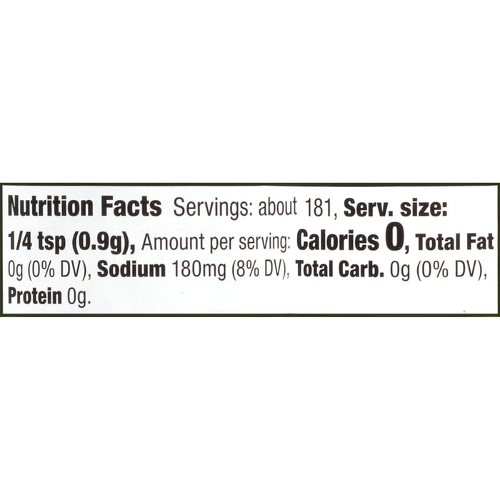 ['Nutrition facts for 1/4 teaspoon of the product, showing 0 calories, 0 grams of fat, 180 milligrams of sodium, and 0 grams of carbohydrates.']