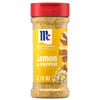 A clear plastic bottle of Mccormick Signature Seasoning Lemon Pepper Oz featuring a red flip-top lid and a yellow label with an image of seasoned chicken and pasta.