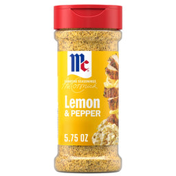 A clear plastic bottle of Mccormick Signature Seasoning Lemon Pepper Oz featuring a red flip-top lid and a yellow label with an image of seasoned chicken and pasta.