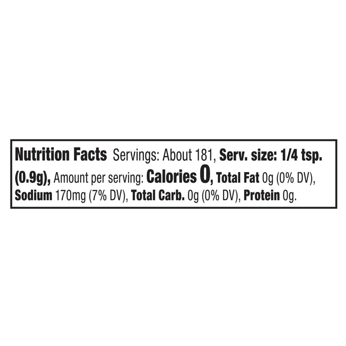A nutrition facts label for Mccormick Signature Seasoning Lemon Pepper Oz showing zero calories and 170 milligrams of sodium per one quarter teaspoon serving.