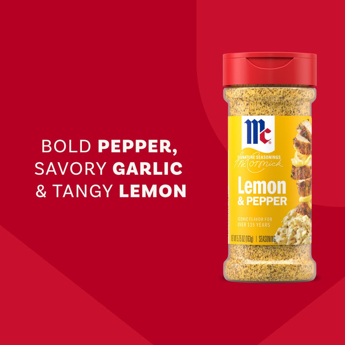 A bottle of Mccormick Signature Seasoning Lemon Pepper Oz is displayed against a red background with text highlighting its bold pepper, savory garlic, and tangy lemon flavors.