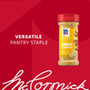 A bottle of Mccormick Signature Seasoning Lemon Pepper Oz is displayed against a red background with the text Versatile Pantry Staple and the brand logo.