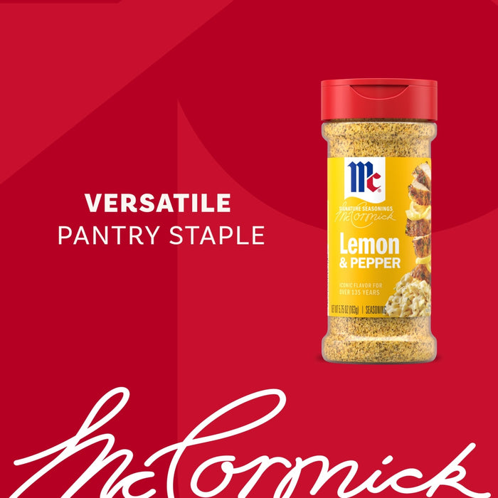 A bottle of Mccormick Signature Seasoning Lemon Pepper Oz is displayed against a red background with the text Versatile Pantry Staple and the brand logo.