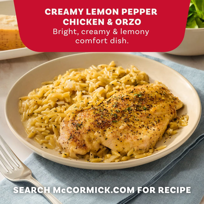 A plated serving of creamy lemon pepper chicken and orzo seasoned with Mccormick Signature Seasoning Lemon Pepper Oz as part of a bright and comforting meal.