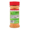 ['A McCormick Seasoned Steak spice bottle with a red lid and a green label with nutritional information.']