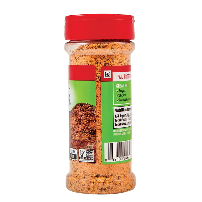 ['A red shaker of McCormick Grill Mates Fail-Proof Fajita Seasoning.']
