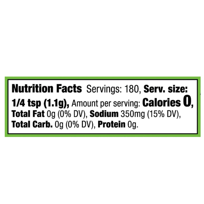 ['Nutrition facts for 1/4 teaspoon of the product, showing 0 calories, 0 grams of fat, 0 grams of carbohydrates, and 0 grams of protein.']