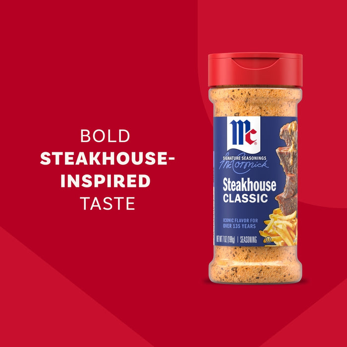 A bottle of Mccormick Perfect Pinch Steak Seasoning Ground 7 Oz is displayed against a red background with text highlighting its bold steakhouse-inspired taste.