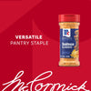 A bottle of Mccormick Perfect Pinch Steak Seasoning Ground 7 Oz is displayed against a red background with the text Versatile Pantry Staple and the brand signature below.