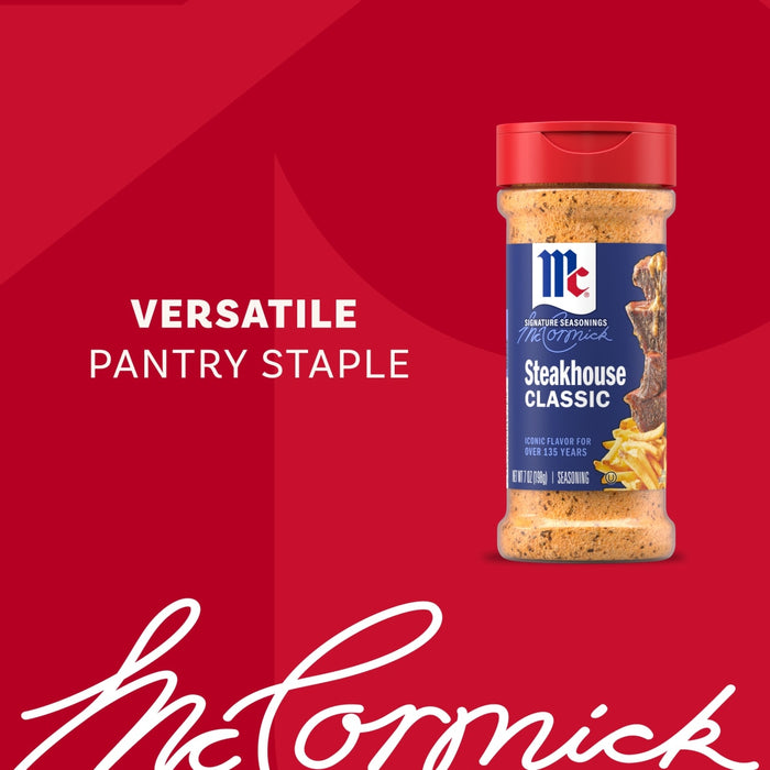 A bottle of Mccormick Perfect Pinch Steak Seasoning Ground 7 Oz is displayed against a red background with the text Versatile Pantry Staple and the brand signature below.