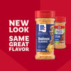 A promotional graphic highlights the updated packaging for Mccormick Perfect Pinch Steak Seasoning Ground 7 Oz with the text New Look Same Great Flavor against a red background.