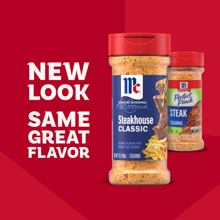 A promotional graphic highlights the updated packaging for Mccormick Perfect Pinch Steak Seasoning Ground 7 Oz with the text New Look Same Great Flavor against a red background.