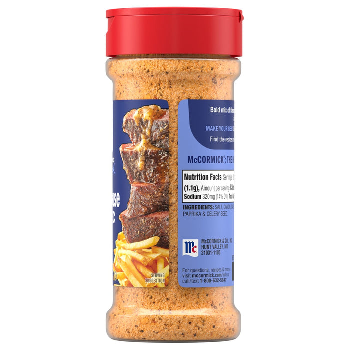 A bottle of Mccormick Perfect Pinch Steak Seasoning Ground 7 Oz is shown with its blue label featuring a serving suggestion of steak and fries, alongside the nutrition facts and ingredients list.