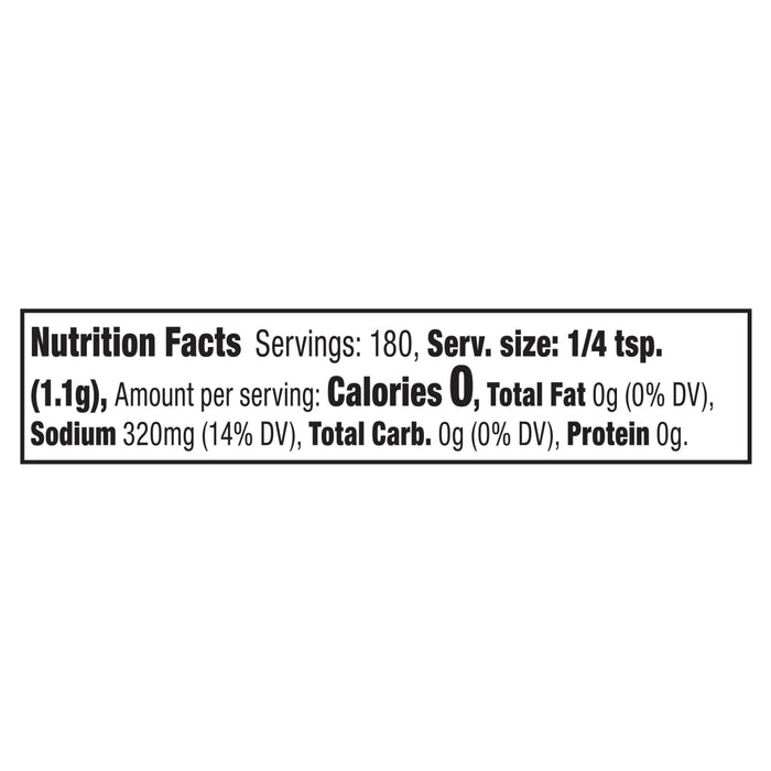 The nutrition facts label for Mccormick Perfect Pinch Steak Seasoning Ground 7 Oz, indicating that a 1/4 teaspoon serving contains 0 calories, 320mg of sodium, and 0g of fat, carbs, and protein.