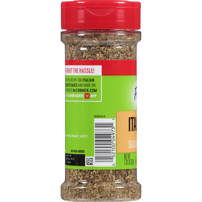 ['A McCormick Italian Seasoning jar with a red lid and a green label.']