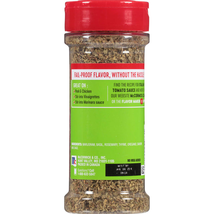 ['A bottle of McCormick Italian Seasoning with a red lid.']