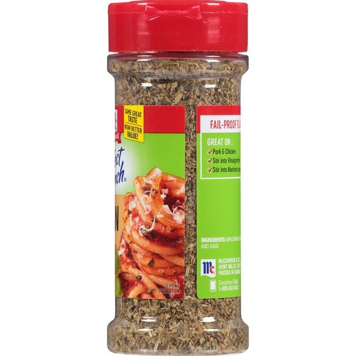 ['McCormick &amp; Co. Fail-Proof Flavoring for Pork &amp; Chicken in a jar with a red lid.']