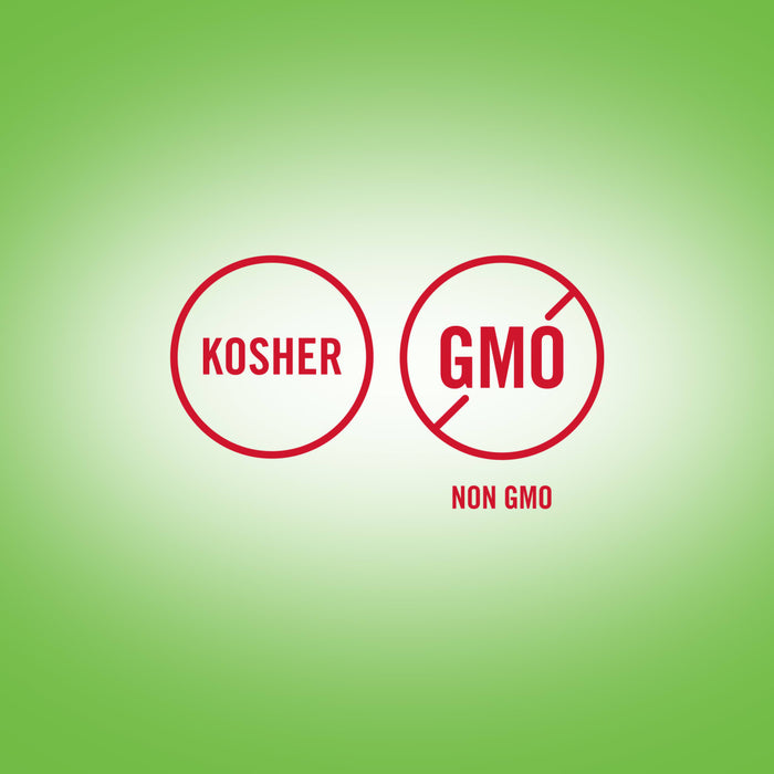 The image shows two red circular icons, one indicating Kosher certification and the other indicating Non-GMO status.