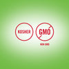 The image shows two red circular icons, one indicating Kosher certification and the other indicating Non-GMO status.