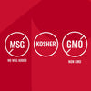 The image shows two red circular icons, one indicating Kosher certification and the other indicating Non-GMO status.