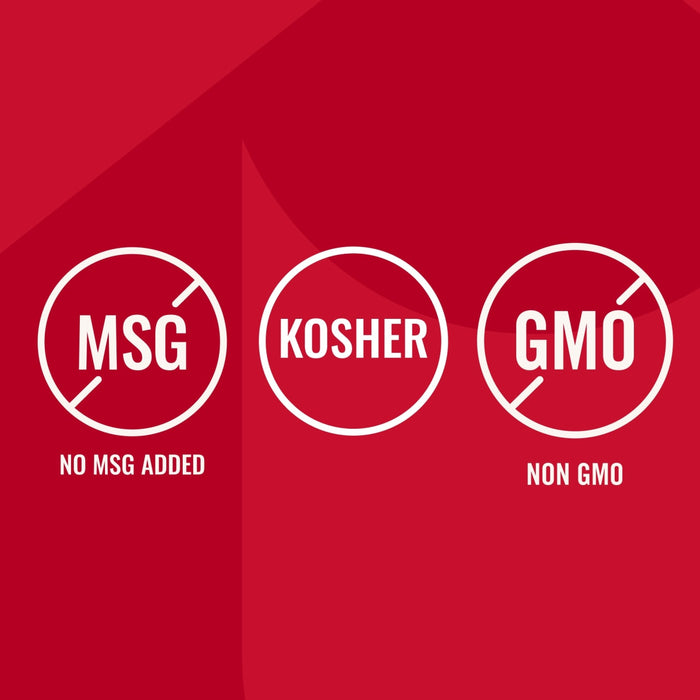 The image shows two red circular icons, one indicating Kosher certification and the other indicating Non-GMO status.