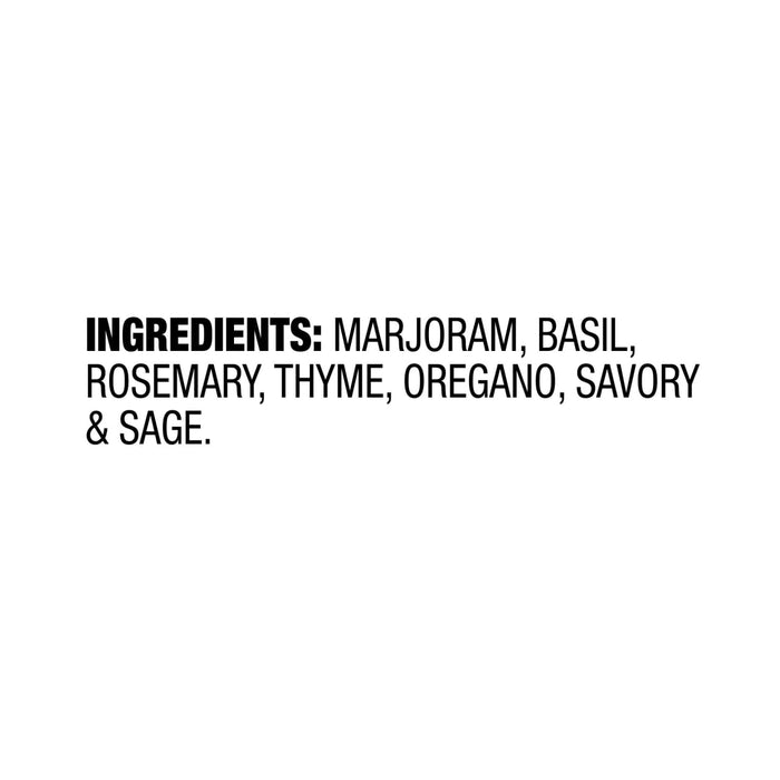 The image lists the ingredients marjoram, basil, rosemary, thyme, oregano, savory, and sage.