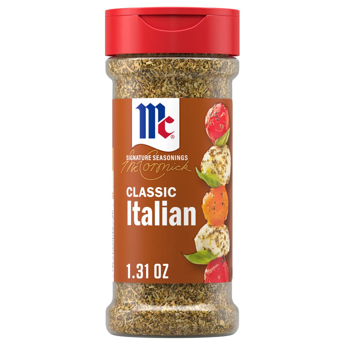 A clear plastic bottle of Mccormick Perfect Pinch Italian Seasoning Ground 1.31 Oz featuring a red flip-top lid and a label with a stack of caprese skewers.