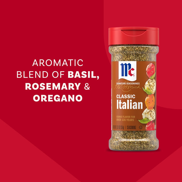 A jar of McCormick Perfect Pinch Italian Seasoning, a blend of marjoram, basil, rosemary, thyme, oregano, savory and sage.