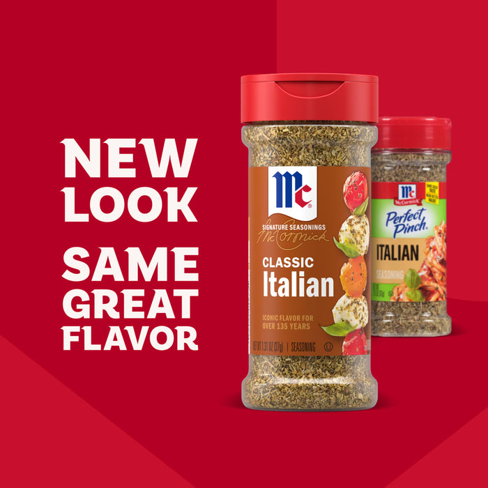 A promotional graphic showcases the new packaging for Mccormick Perfect Pinch Italian Seasoning Ground 1.31 Oz alongside its previous design against a bold red background.