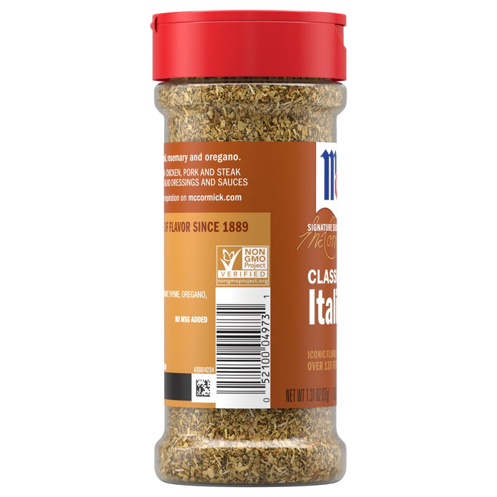 A clear plastic bottle of Mccormick Perfect Pinch Italian Seasoning Ground 1.31 Oz featuring a red flip-top lid and a label showing the blend of herbs like rosemary and oregano.
