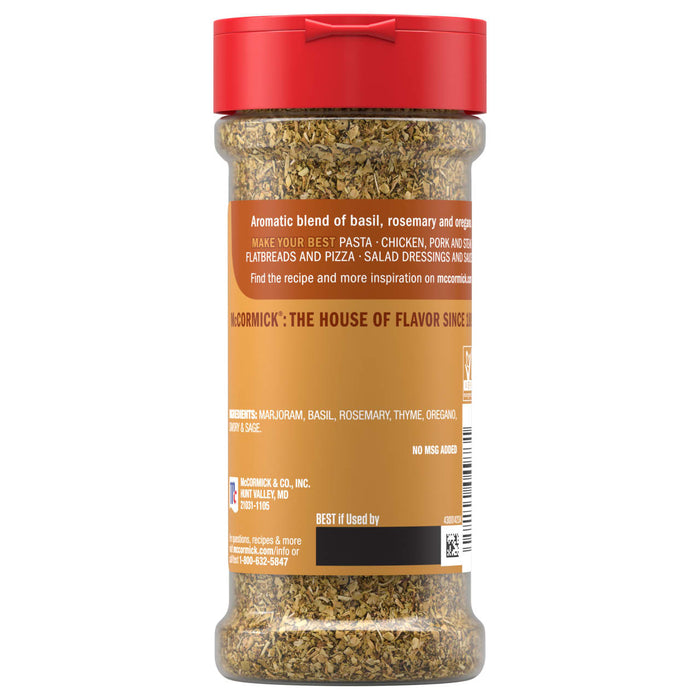 A clear plastic bottle of Mccormick Perfect Pinch Italian Seasoning Ground 1.31 Oz showing the back label with an aromatic blend of marjoram, basil, rosemary, thyme, oregano, savory, and sage.