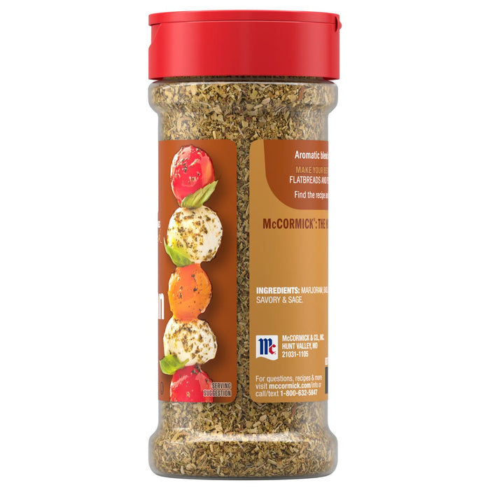 A clear plastic bottle of Mccormick Perfect Pinch Italian Seasoning Ground 1.31 Oz featuring a red flip top lid and a label showing a colorful skewer of tomatoes and mozzarella balls.
