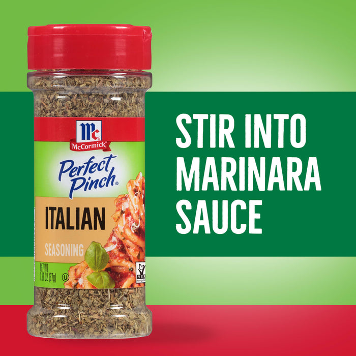 A bottle of McCormick Perfect Pinch Italian seasoning is shown with the text Stir into Marinara Sauce.