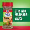A bottle of McCormick Perfect Pinch Italian seasoning is shown with the text Stir into Marinara Sauce.