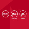 An infographic for Mccormick Perfect Pinch Salad Supreme Seasoning Assorted 4.34 Oz featuring three white circular icons on a red background indicating the product is Kosher, has no MSG added, and is non GMO.