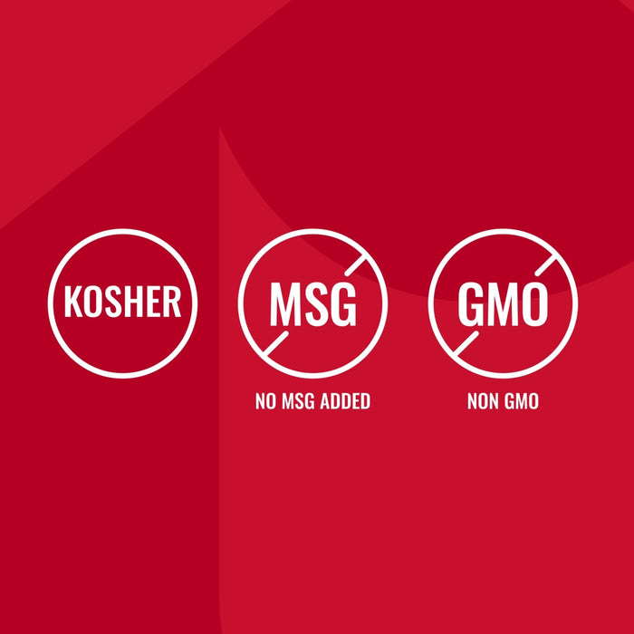An infographic for Mccormick Perfect Pinch Salad Supreme Seasoning Assorted 4.34 Oz featuring three white circular icons on a red background indicating the product is Kosher, has no MSG added, and is non GMO.