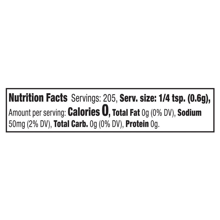 A nutrition facts label shows that one serving of 1/4 tsp has 0 calories, 0g of total fat, 55mg of sodium, 0g of total carbohydrates, and 0g of protein.
