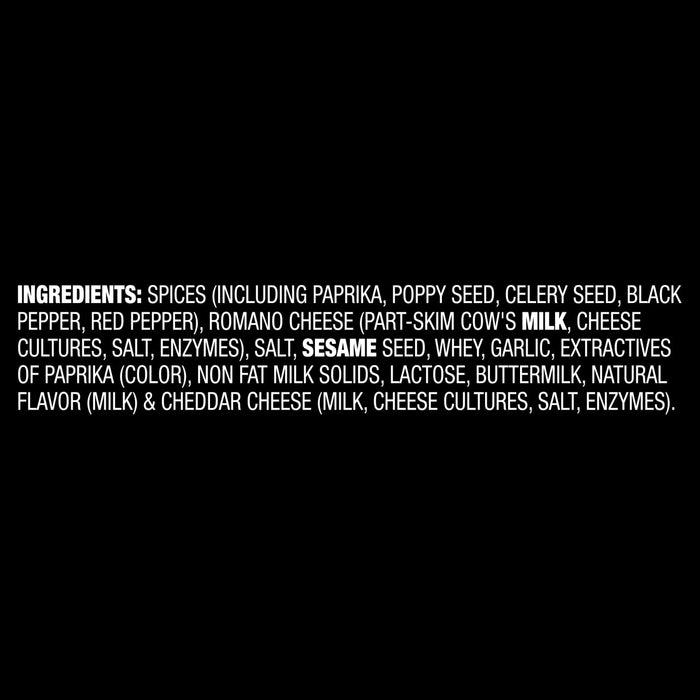 The image shows a list of ingredients including spices, paprika, poppy seed, and cheddar cheese.