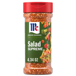 A 4.34 ounce bottle of Mccormick Signature Seasoning Salad Supreme Oz featuring a blend of paprika, poppy seeds, and celery seeds shown alongside a colorful pasta salad illustration.