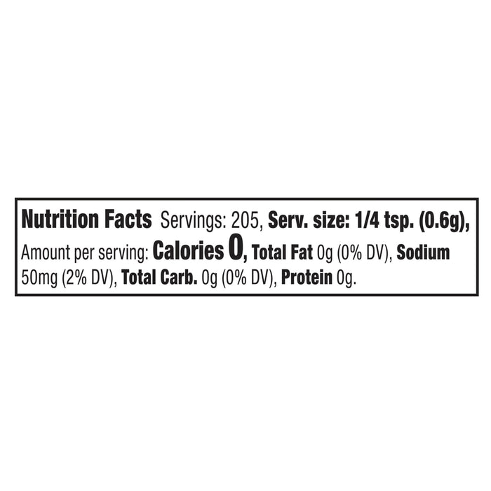 A nutrition facts label for Mccormick Signature Seasoning Salad Supreme Oz shows zero calories and 50 milligrams of sodium per one quarter teaspoon serving.