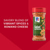 A bottle of Mccormick Signature Seasoning Salad Supreme Oz stands against a vibrant red background featuring text that describes it as a savory blend of vibrant spices and Romano cheese.