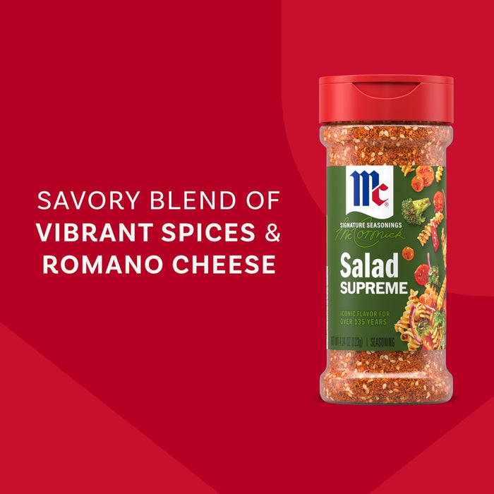 A bottle of Mccormick Signature Seasoning Salad Supreme Oz stands against a vibrant red background featuring text that describes it as a savory blend of vibrant spices and Romano cheese.
