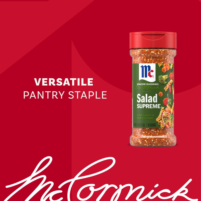 A bottle of Mccormick Signature Seasoning Salad Supreme Oz is displayed against a red background with the text Versatile Pantry Staple and the brand logo.